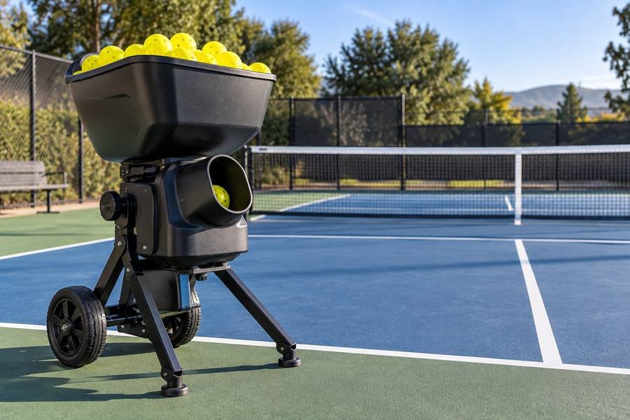 pickleball ball machine on outdoor court