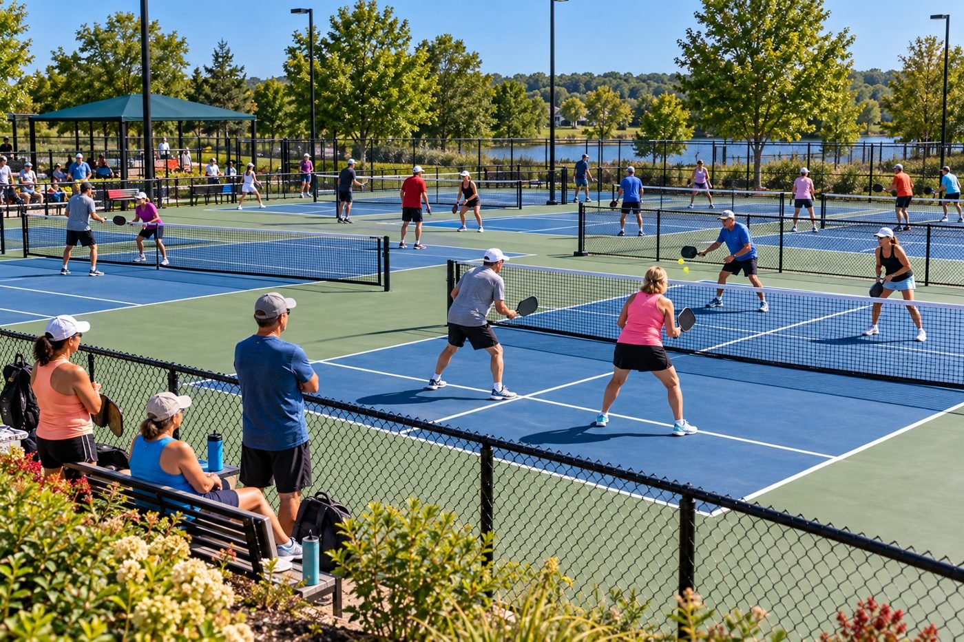 Busy public pickleball courts with players of mixed ages on every court and others waiting on a bench by the fence