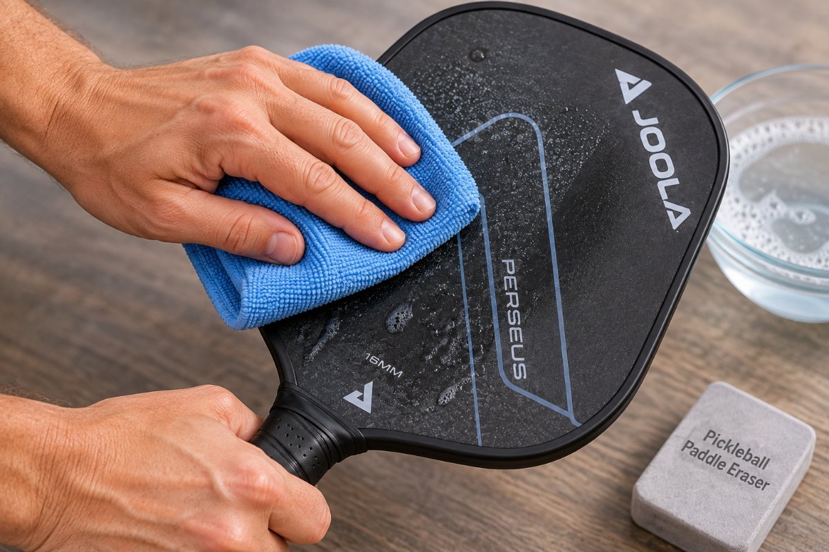 Cleaning a pickleball paddle face with soap and water using a microfiber cloth