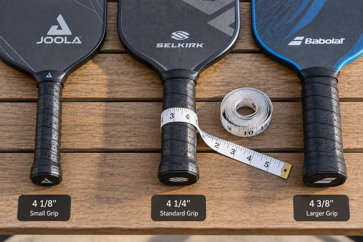 Comparing pickleball paddle grip sizes side by side with a tape measure, from small to larger grip circumference