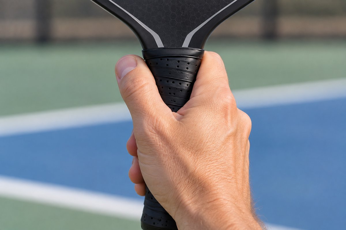 Close-up of the handshake grip check showing the thumb and index finger V on a pickleball paddle handle