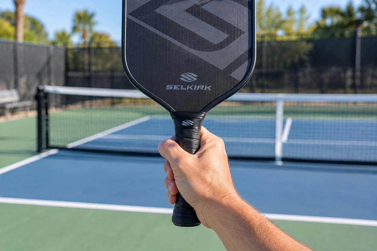 How to hold a pickleball paddle: hand demonstrating the continental grip on a paddle at the net