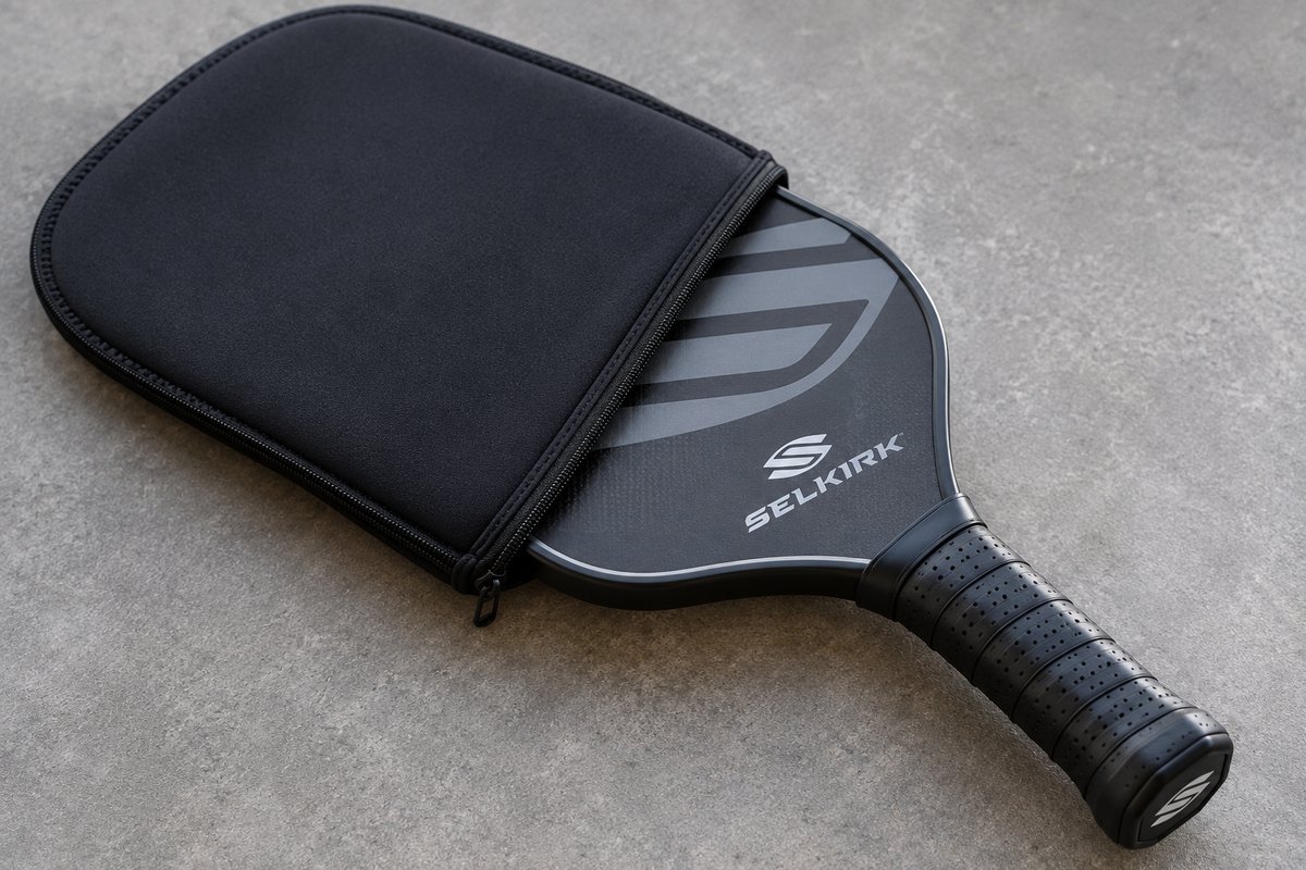 Pickleball paddle cover with a Selkirk paddle partially inserted