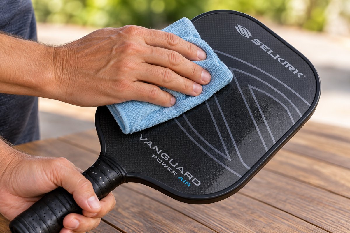 how to clean a pickleball paddle by wiping the face with a damp microfiber cloth