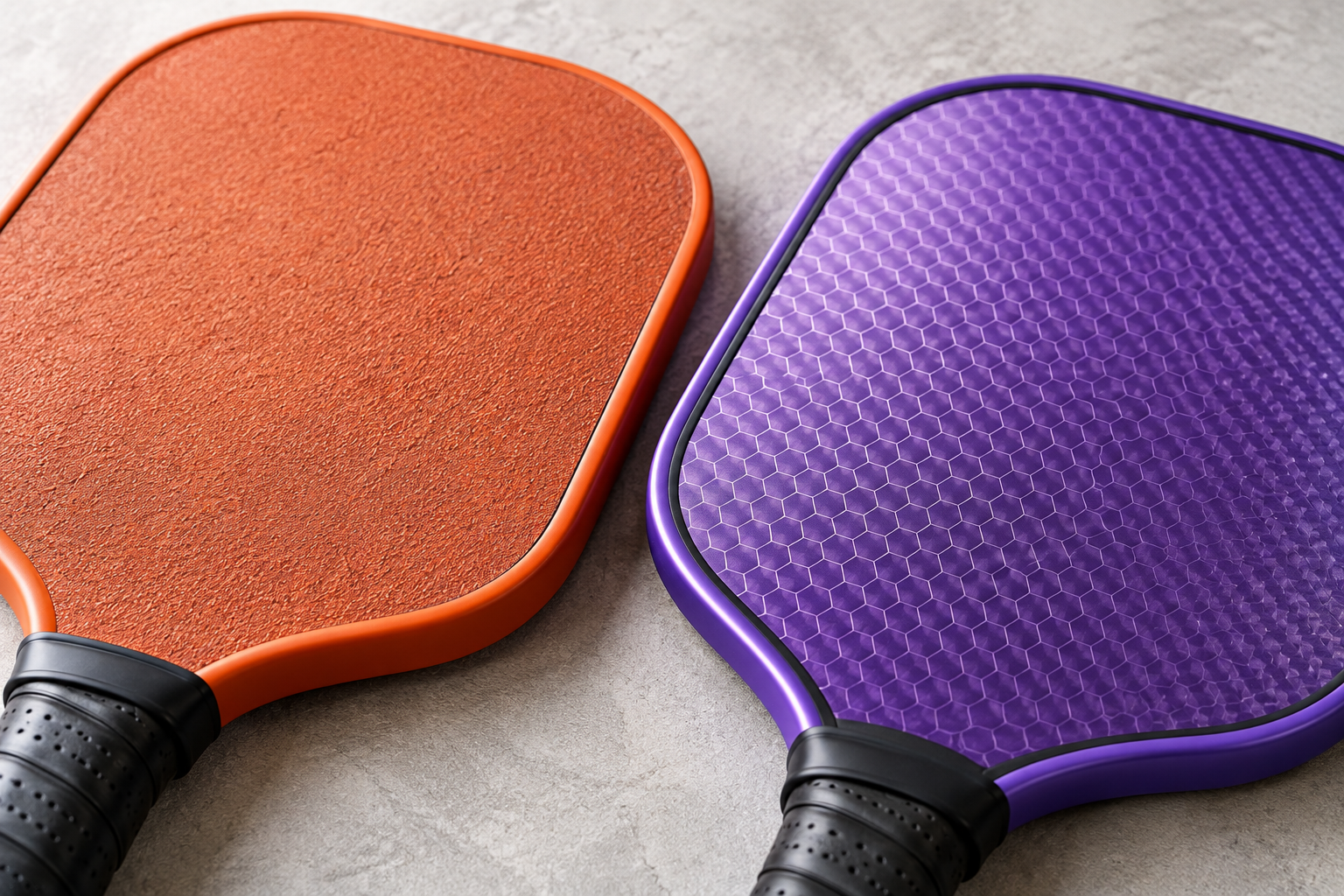 Close-up comparison of a budget orange pickleball paddle face next to a mid-range purple honeycomb-textured paddle face