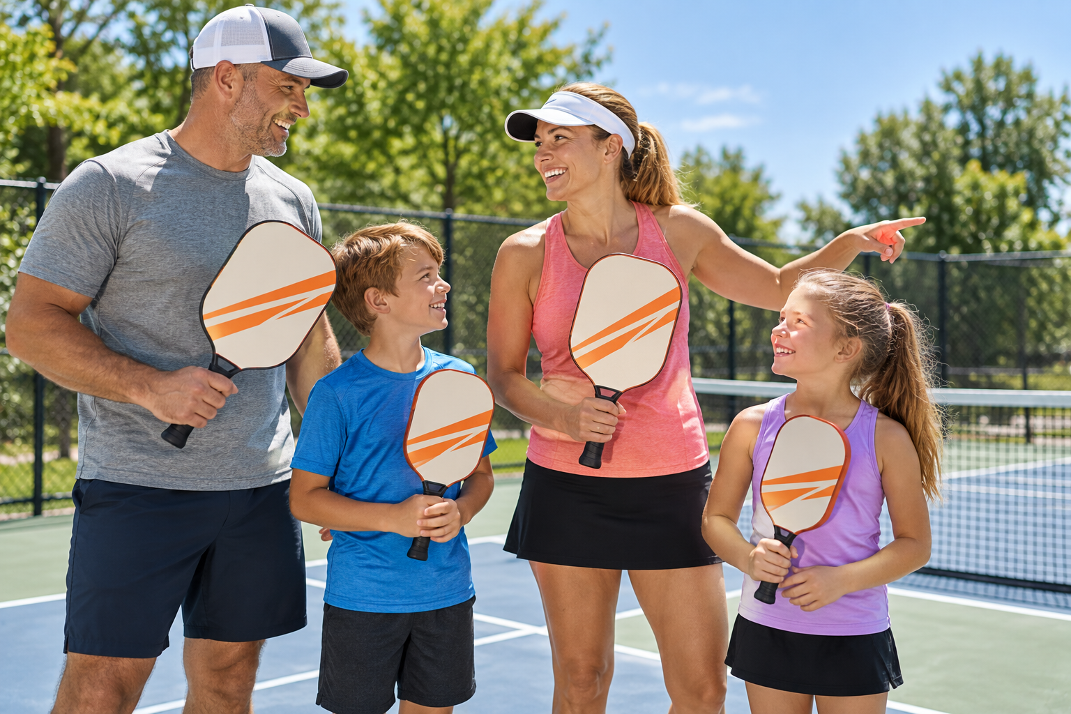 A family of four holding matching cream and orange pickleball paddles from a paddle set on an outdoor court