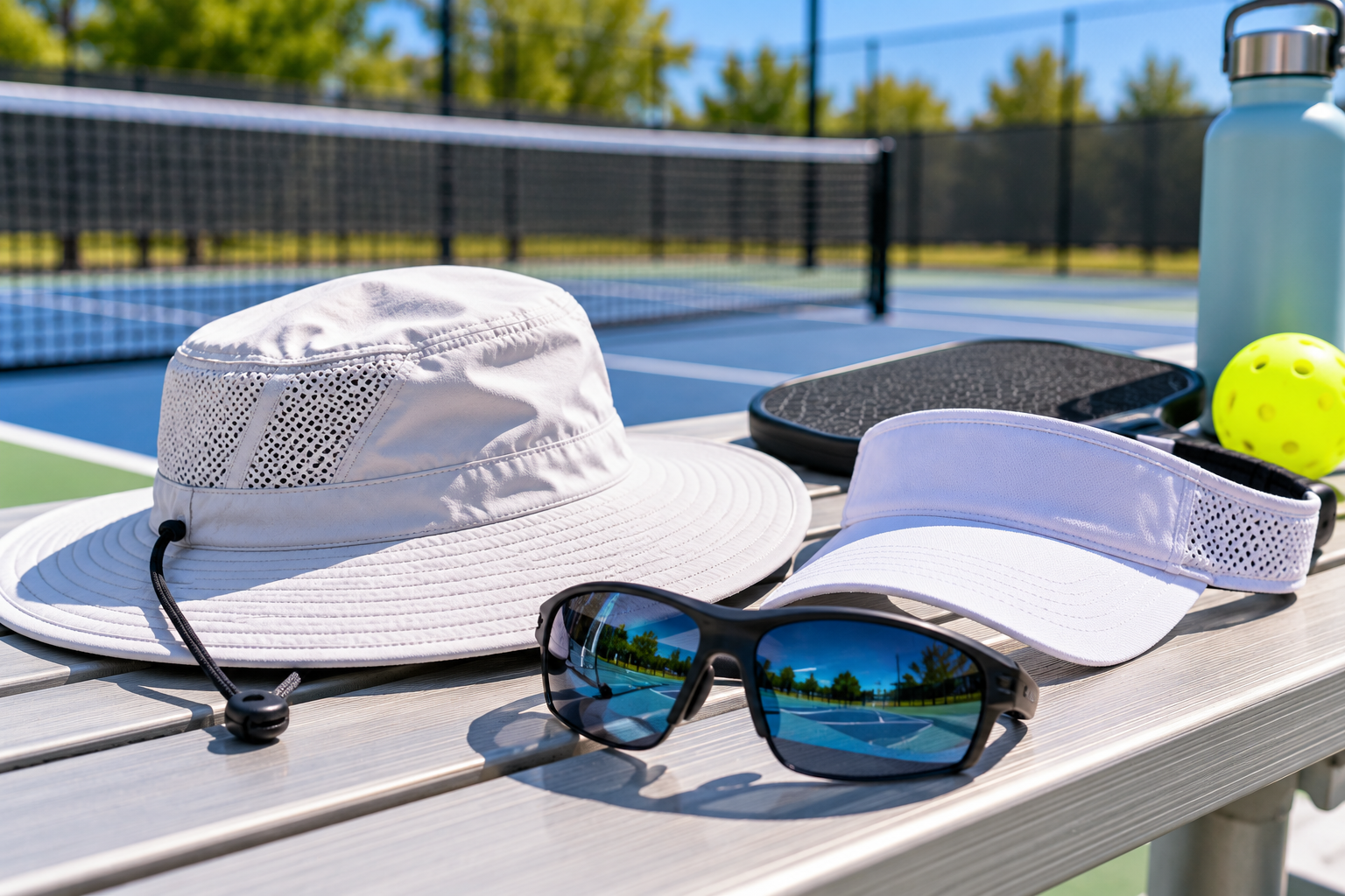 hat, visor, and sunglasses for outdoor pickleball