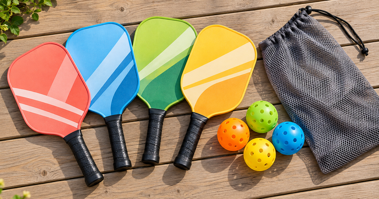 A pickleball paddle set with four bright colored paddles, four outdoor balls, and a mesh carry bag laid out on a wood deck