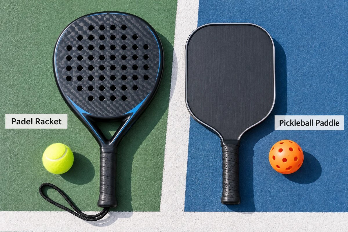 Padel vs pickleball equipment: a perforated padel racket next to a solid pickleball paddle
