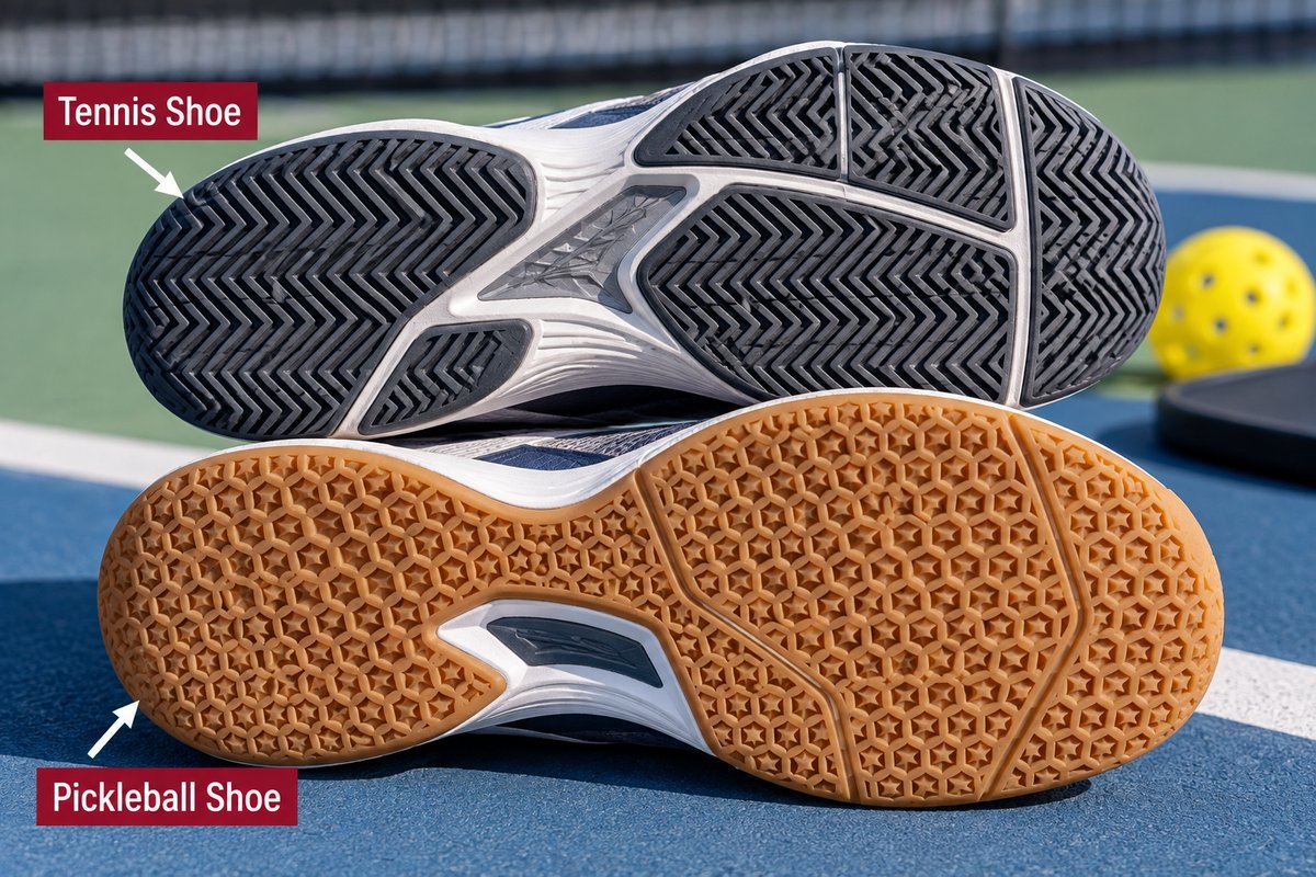 Pickleball shoes vs tennis shoes outsoles side by side comparing tread patterns
