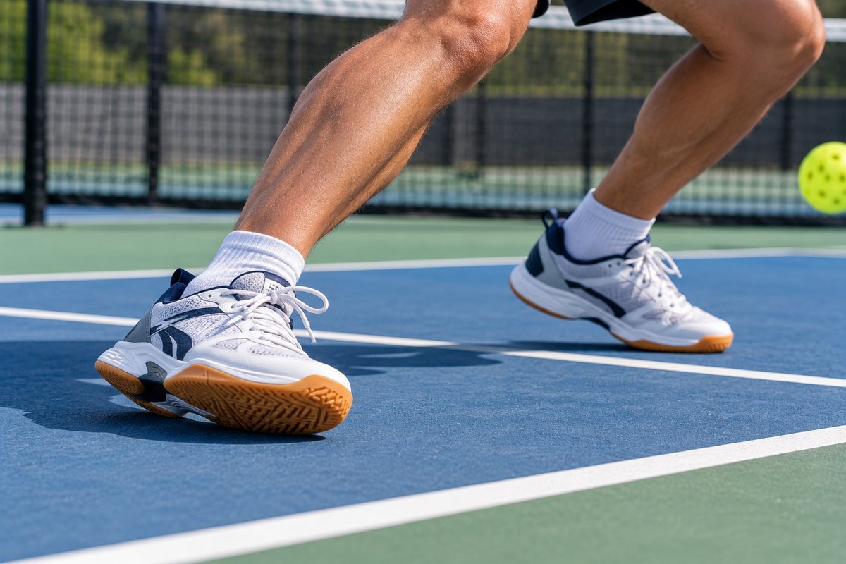 Feet in pickleball shoes making a lateral shuffle step on a court