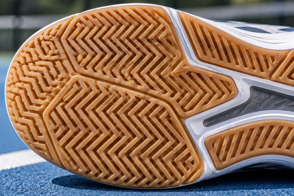 Close-up of a pickleball shoe outsole showing multi-directional hexagonal tread