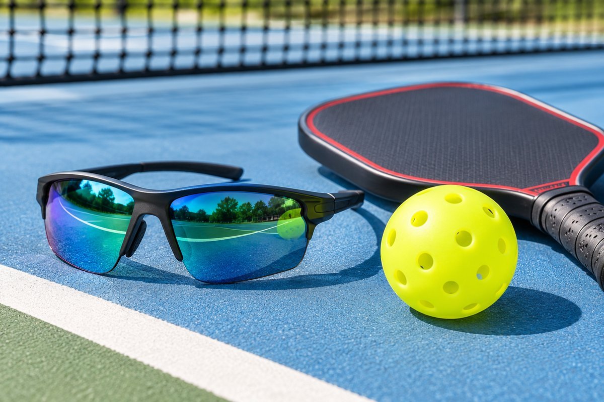Pickleball sunglasses with a paddle and ball on the court showing the wraparound frame