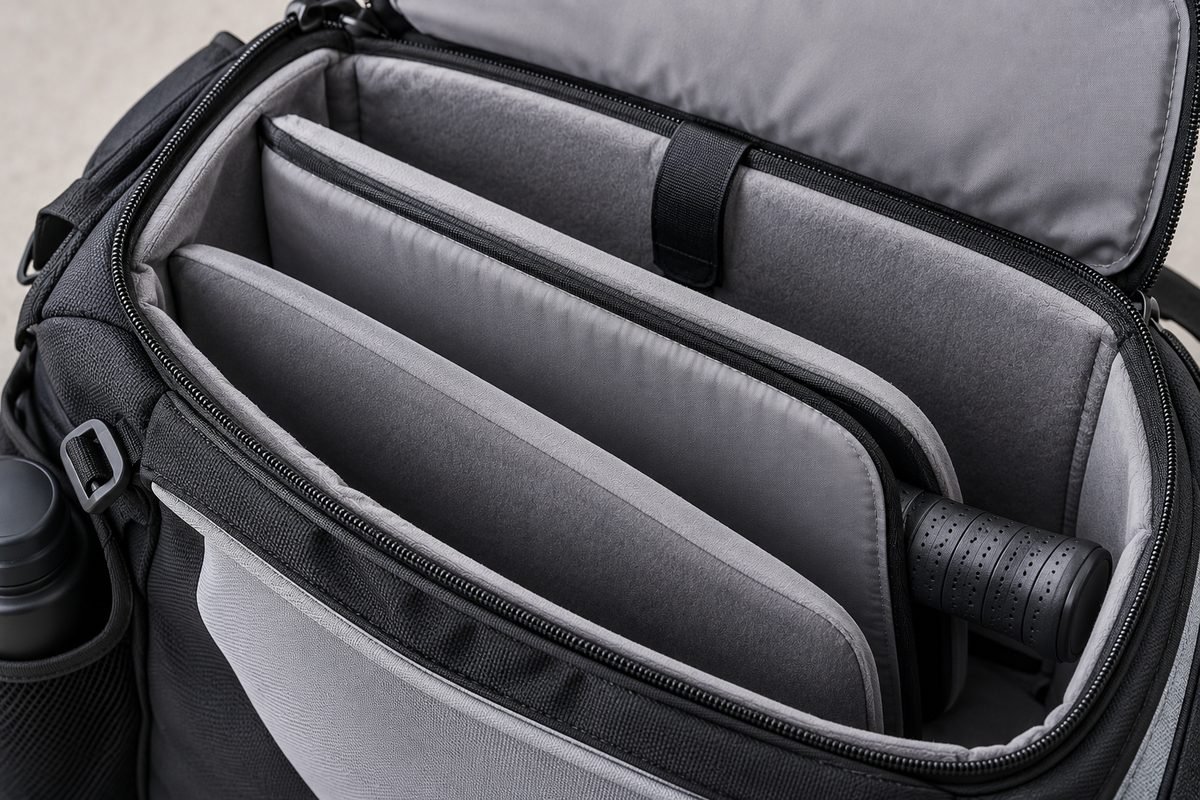 Open interior view of a padded pickleball bag paddle compartment, the dedicated storage that separates the best pickleball bag from a repurposed gym bag