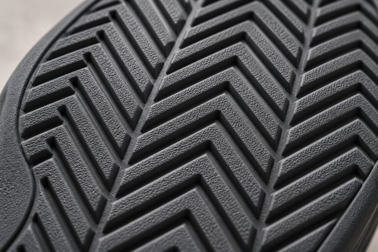 Close-up of a court shoe's herringbone outsole tread, the grip pattern that separates the best pickleball shoes from running sneakers