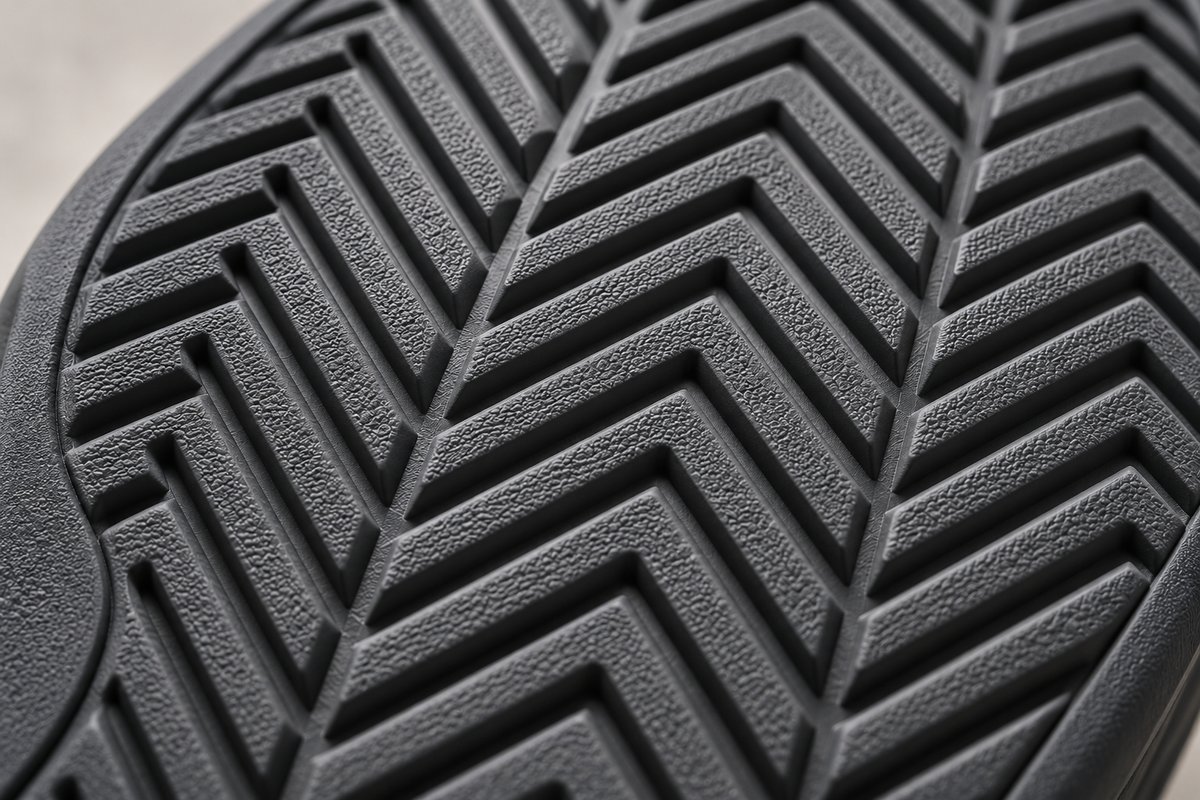 Close-up of a court shoe's herringbone outsole tread, the grip pattern that separates the best pickleball shoes from running sneakers