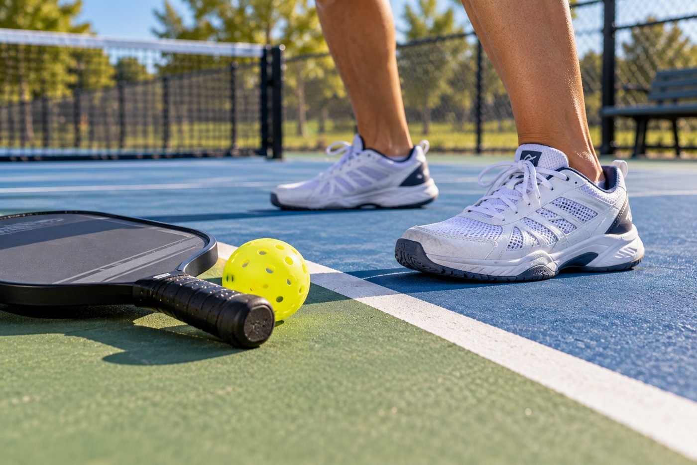 Court shoes at the pickleball kitchen line with a paddle and a yellow outdoor ball on the court