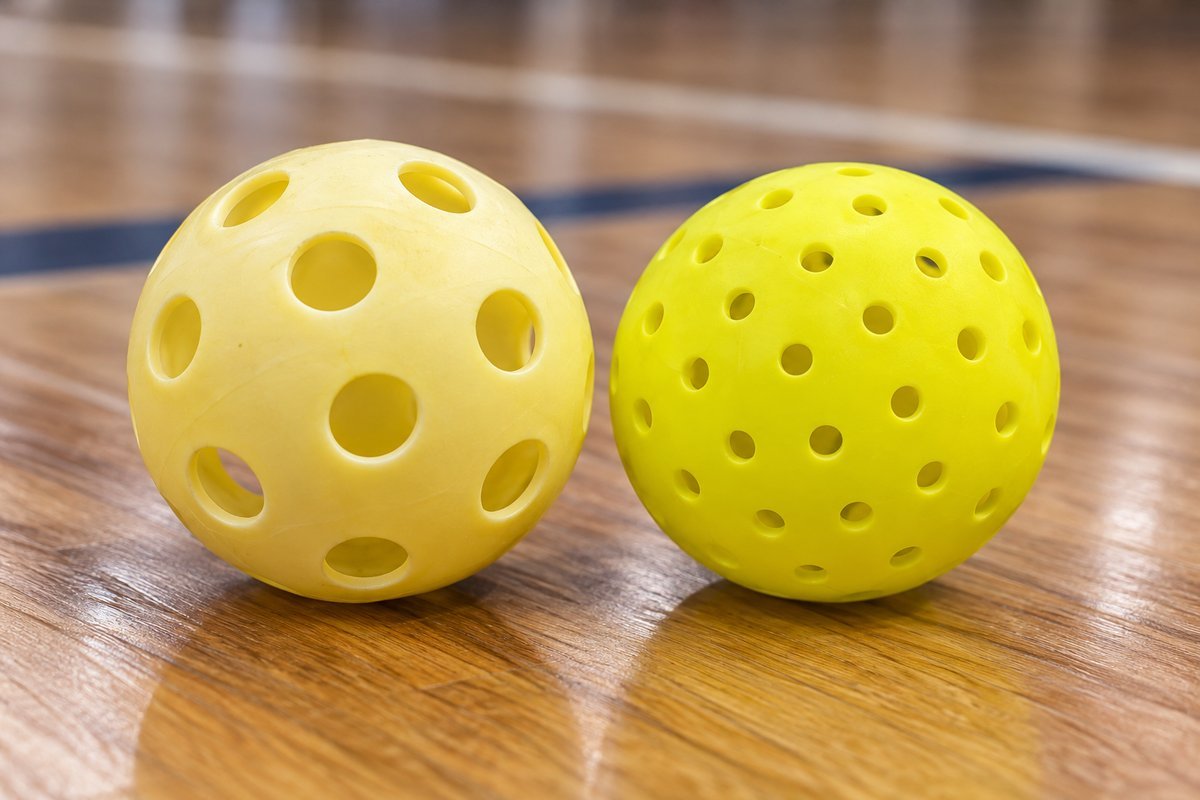 Side by side comparison of an indoor vs outdoor pickleball ball showing the difference in hole count and size