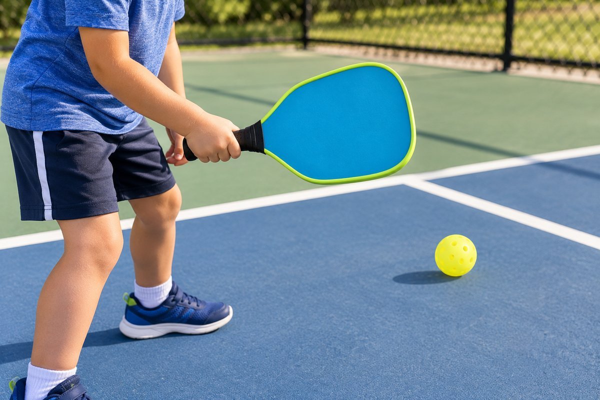 Child in a ready stance holding a kids pickleball paddle on an outdoor court
