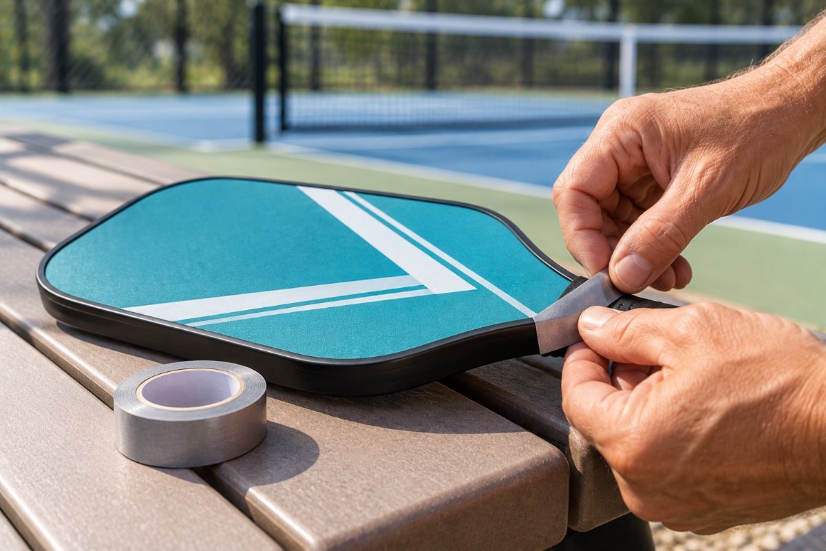 Applying pickleball lead tape at the throat of a bright teal paddle