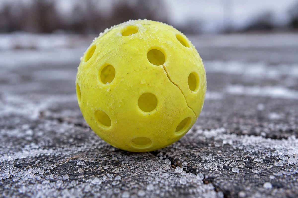 A cracked outdoor pickleball ball on frost covered pavement showing cold weather damage