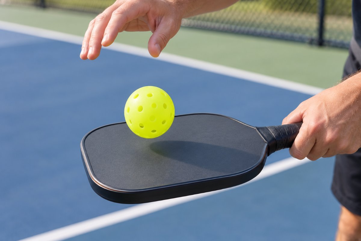 hands performing the bounce test to check how long a pickleball paddle has left