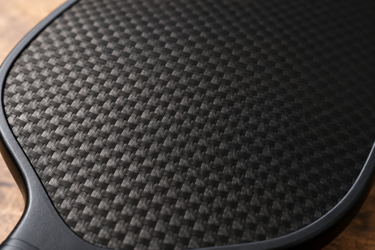 Carbon fiber vs fiberglass pickleball paddle face close-up showing the woven carbon texture