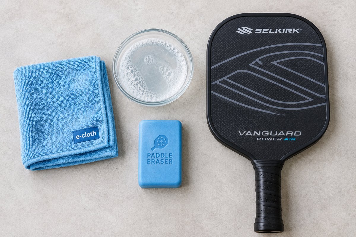 Pickleball paddle cleaning materials: microfiber cloth, mild soap and water, and a paddle eraser