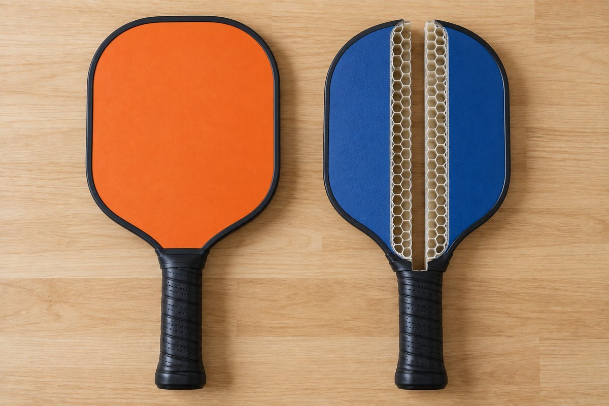 Whole pickleball paddle next to a cutaway paddle showing a honeycomb core, compared to a foam core