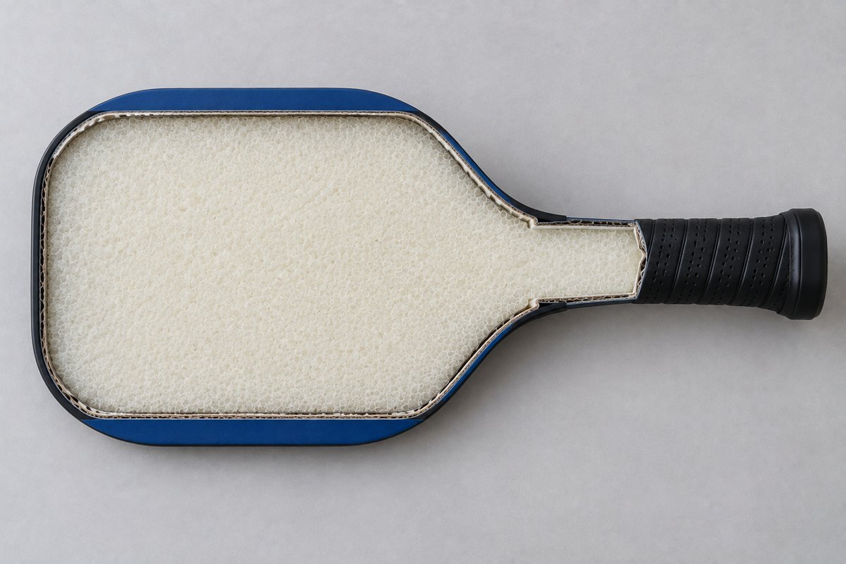 Cross-section of a pickleball paddle showing a solid foam core, the EPP or MPP structure discussed in the article