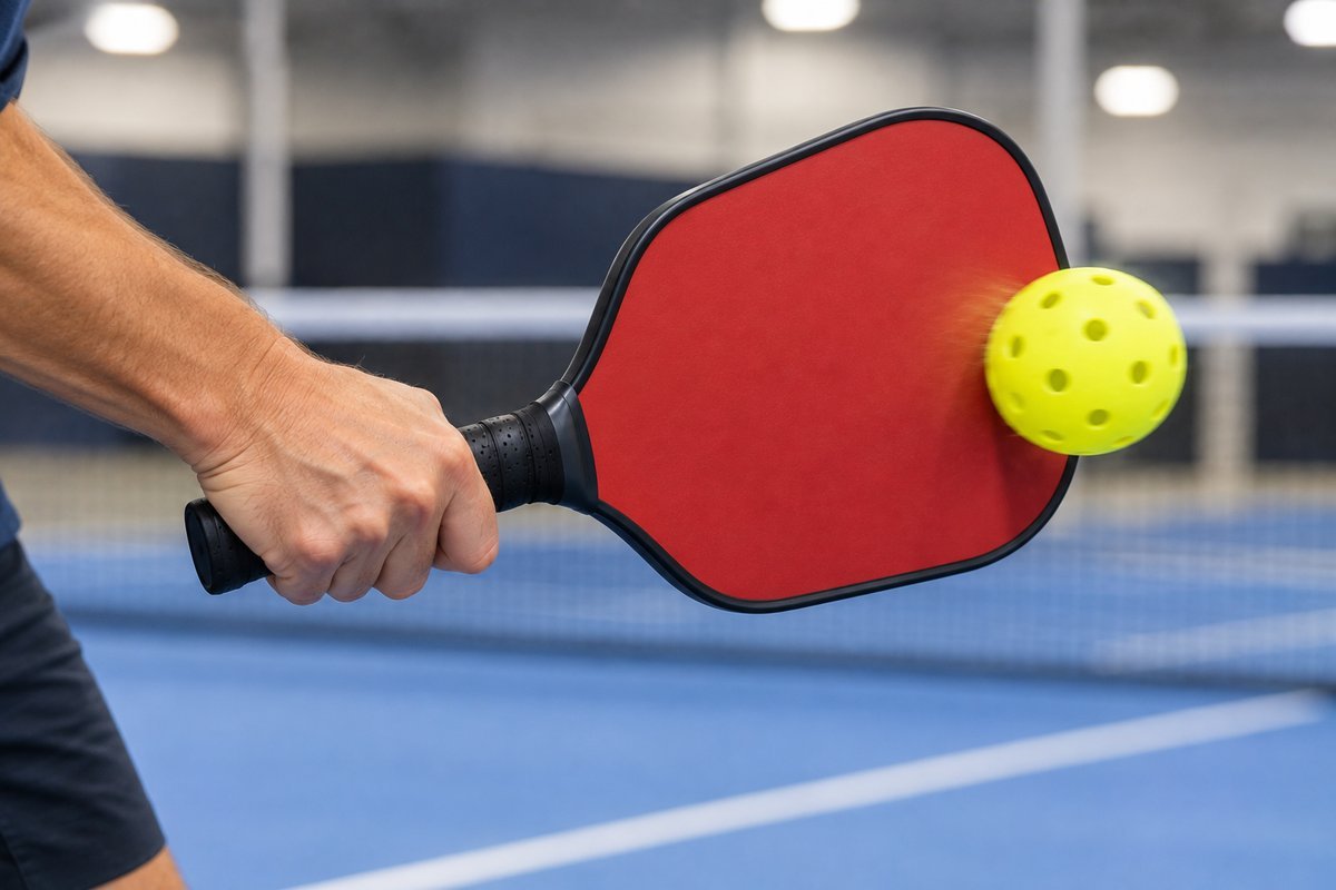 Pickleball paddle making contact with the ball on a drive shot, showing how paddle core material affects feel