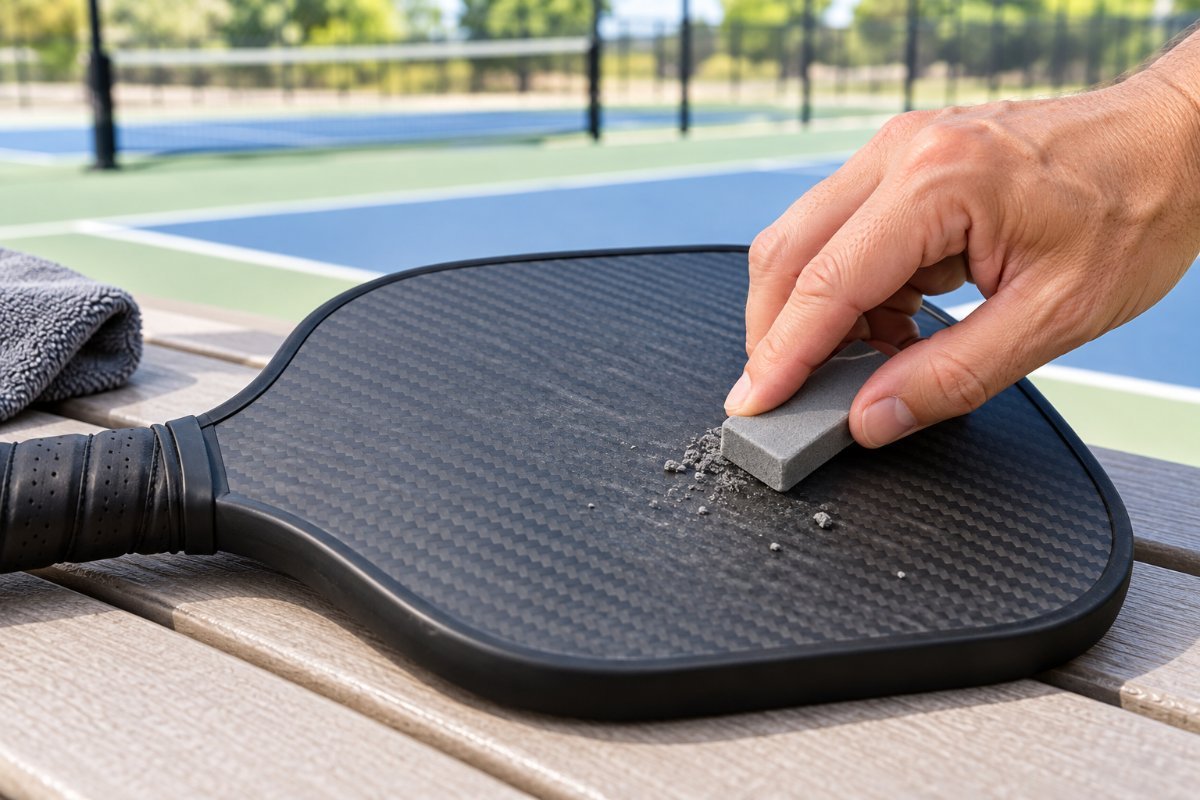 Hand using a pickleball paddle eraser on a raw carbon fiber paddle face beside a court