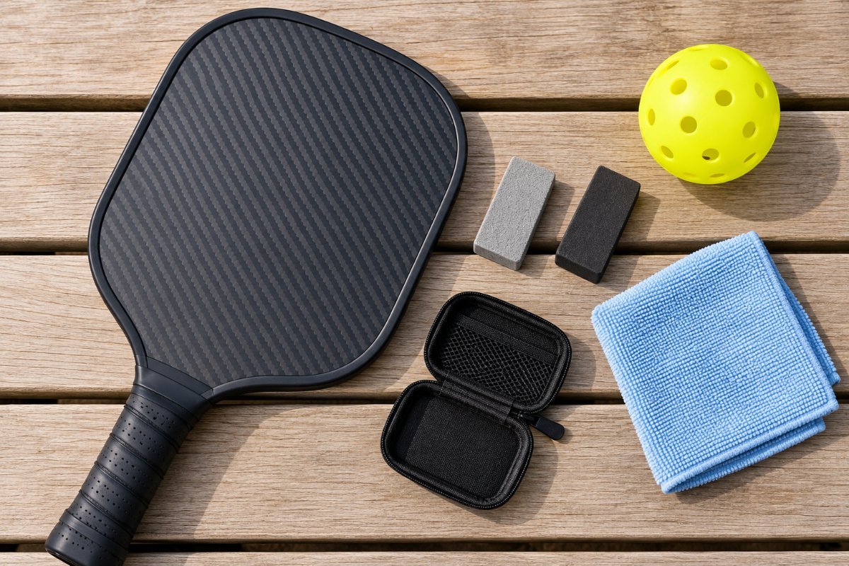 Raw carbon paddle with two paddle erasers, a carry case, a microfiber cloth, and a pickleball