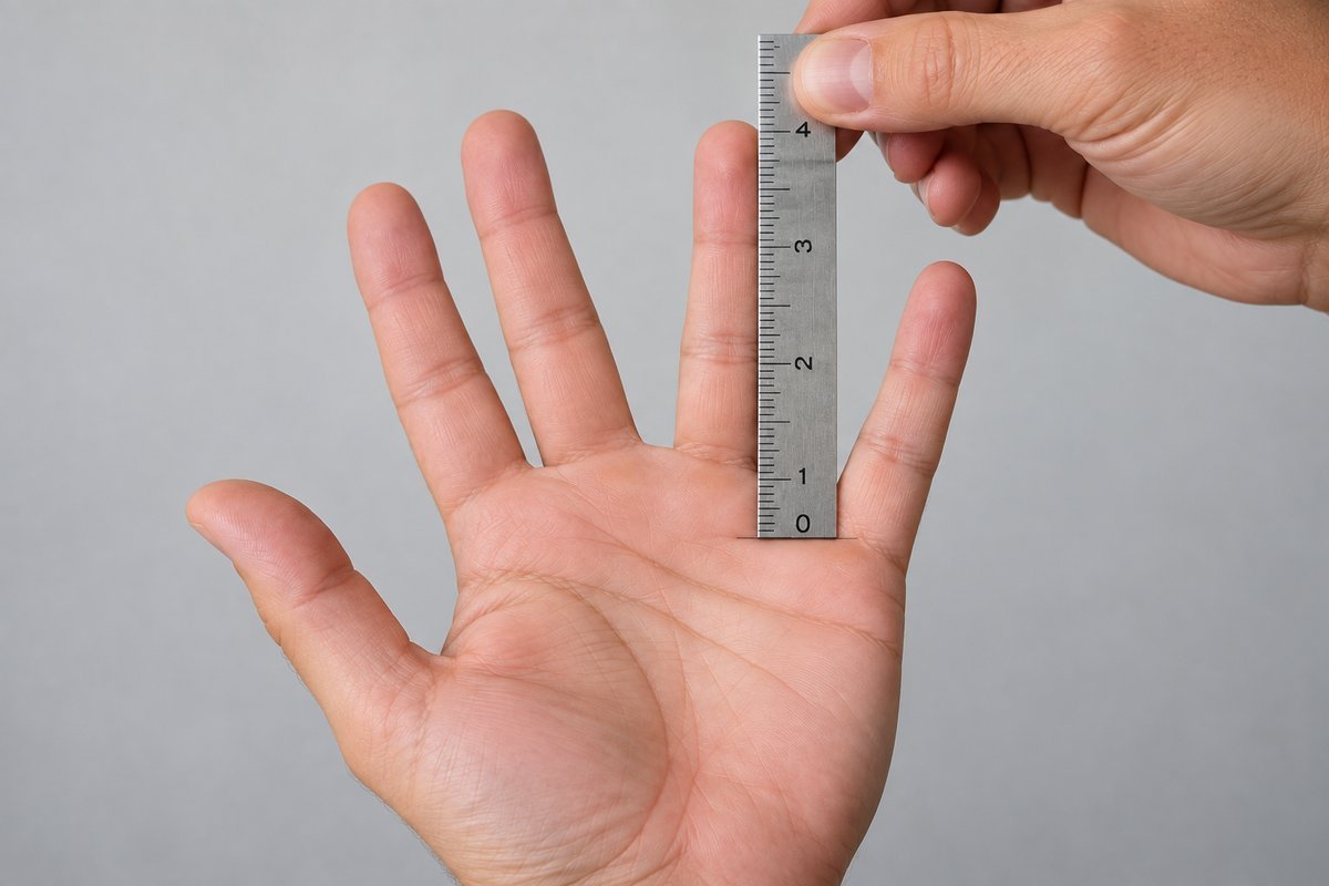 Measuring pickleball paddle grip size with a ruler from the ring fingertip to the palm crease