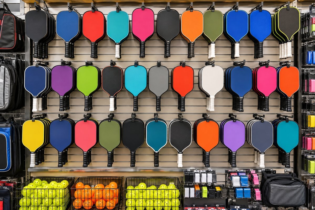 A wall of the best pickleball paddles for beginners on display at a sporting goods store