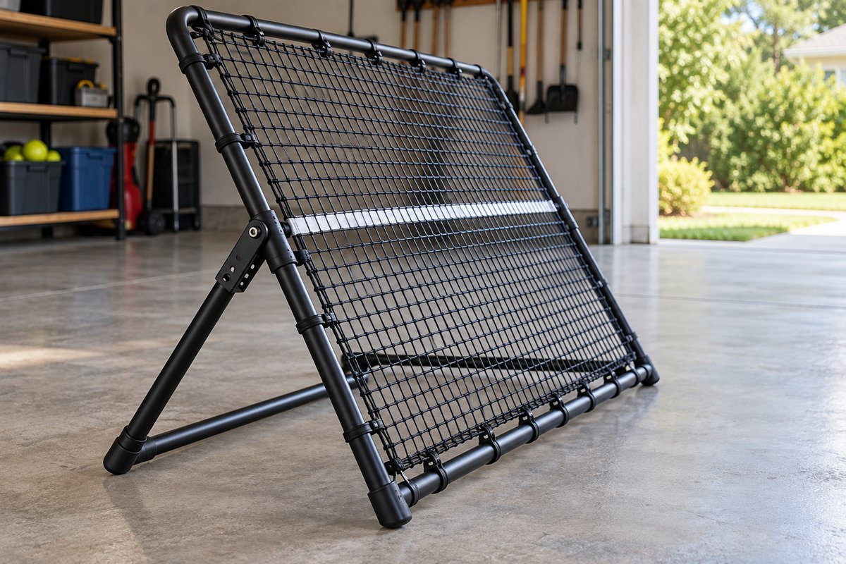 Close-up of an adjustable pickleball rebounder frame tilted back with a white net-height line