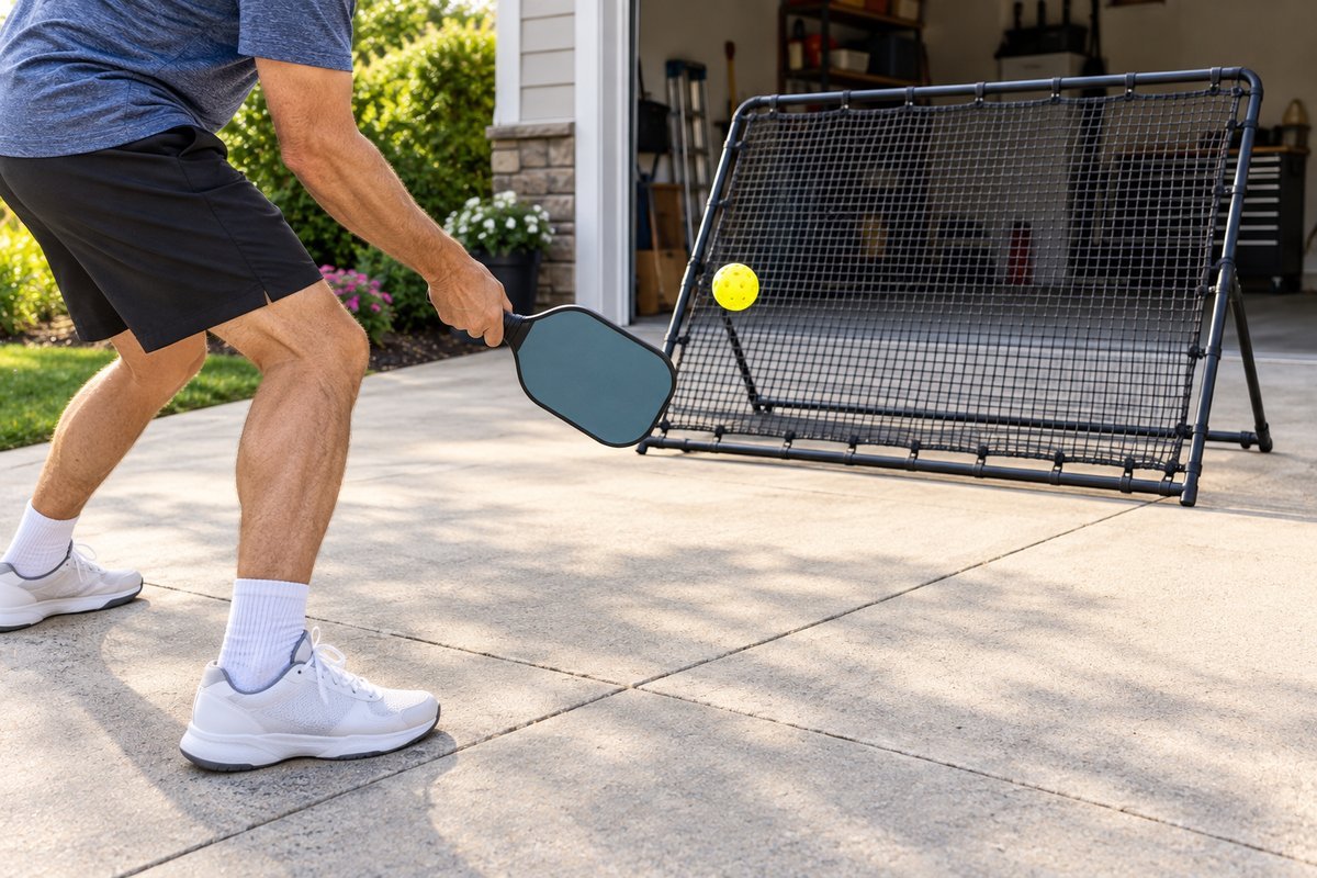 Player hitting a soft dink into a pickleball rebounder net on a driveway