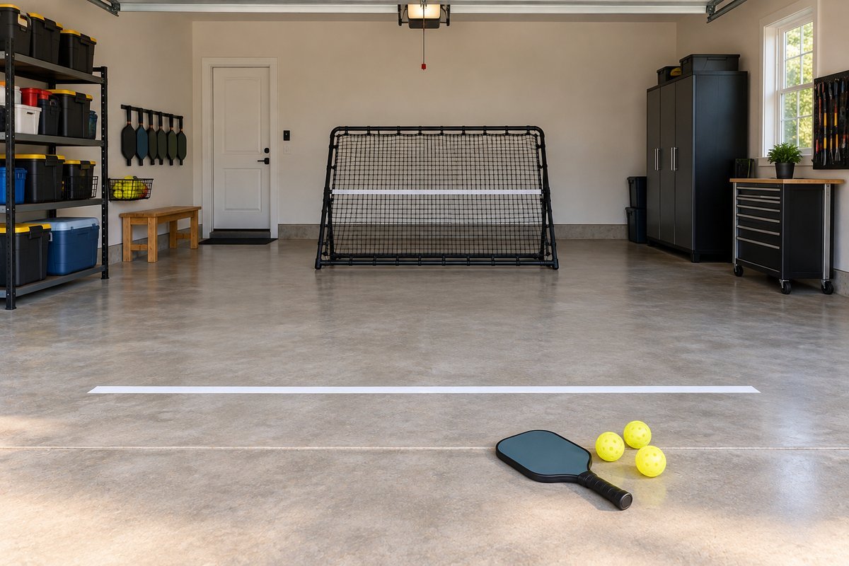 Pickleball rebounder set up in a garage with a tape line 7 feet in front of the net
