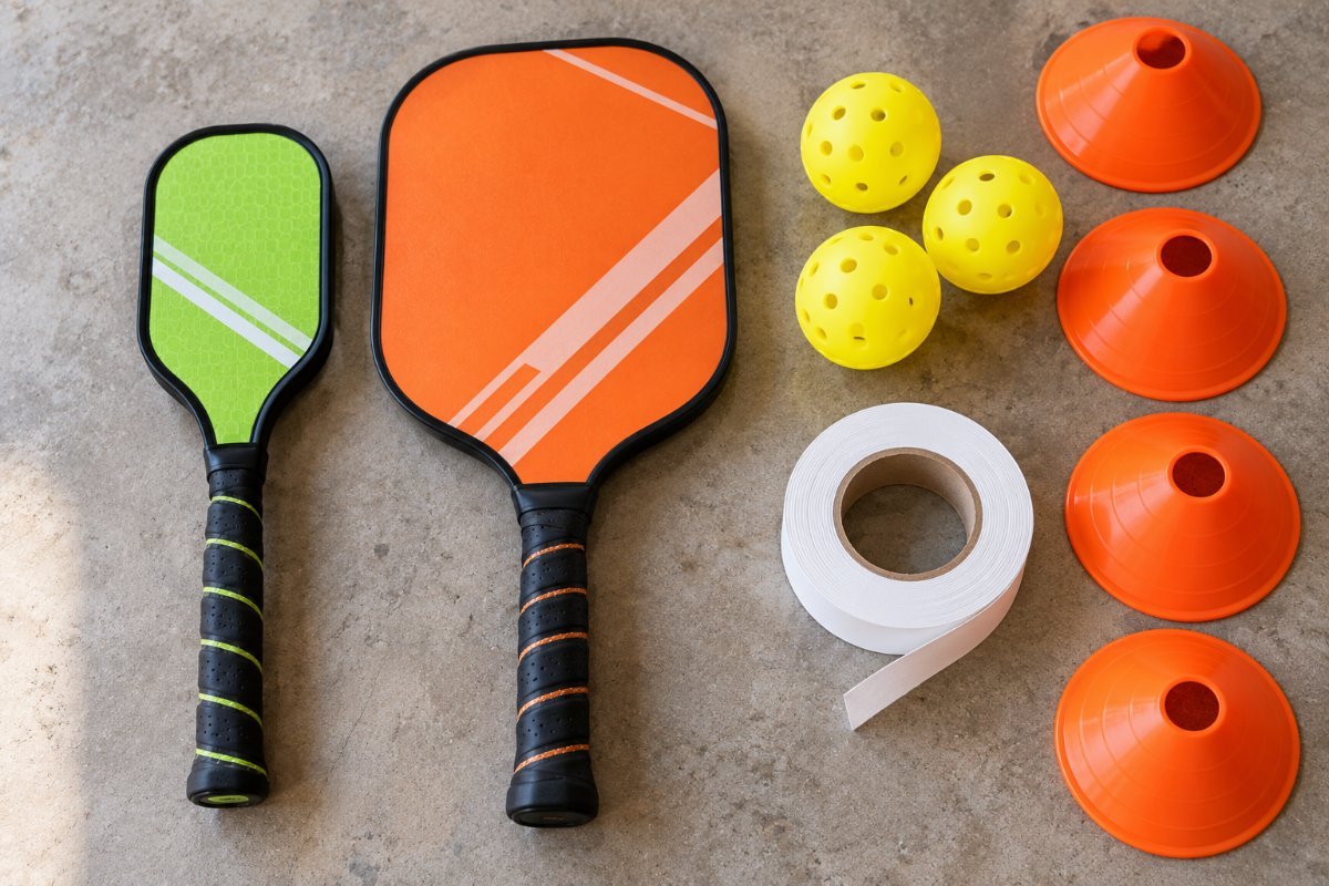 flat lay of pickleball training aids, a small-headed sweet spot training paddle, pickleballs, court tape and cones