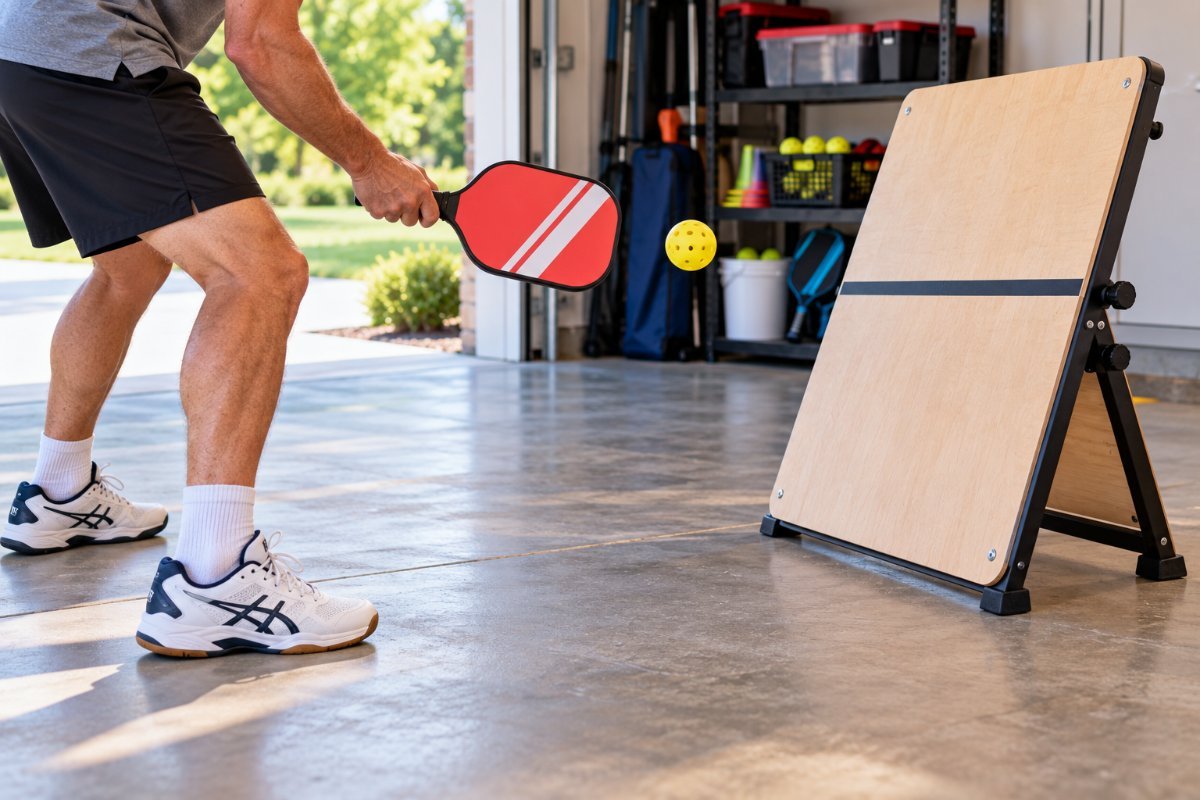 pickleball training aids, player dinking against a practice board in a garage