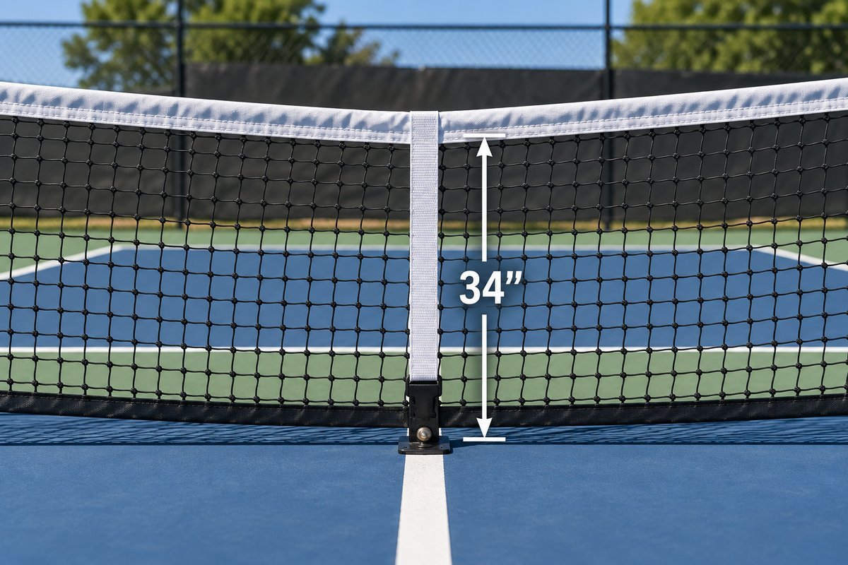 Portable pickleball net center strap pulling the net down to the regulation 34 inch center height