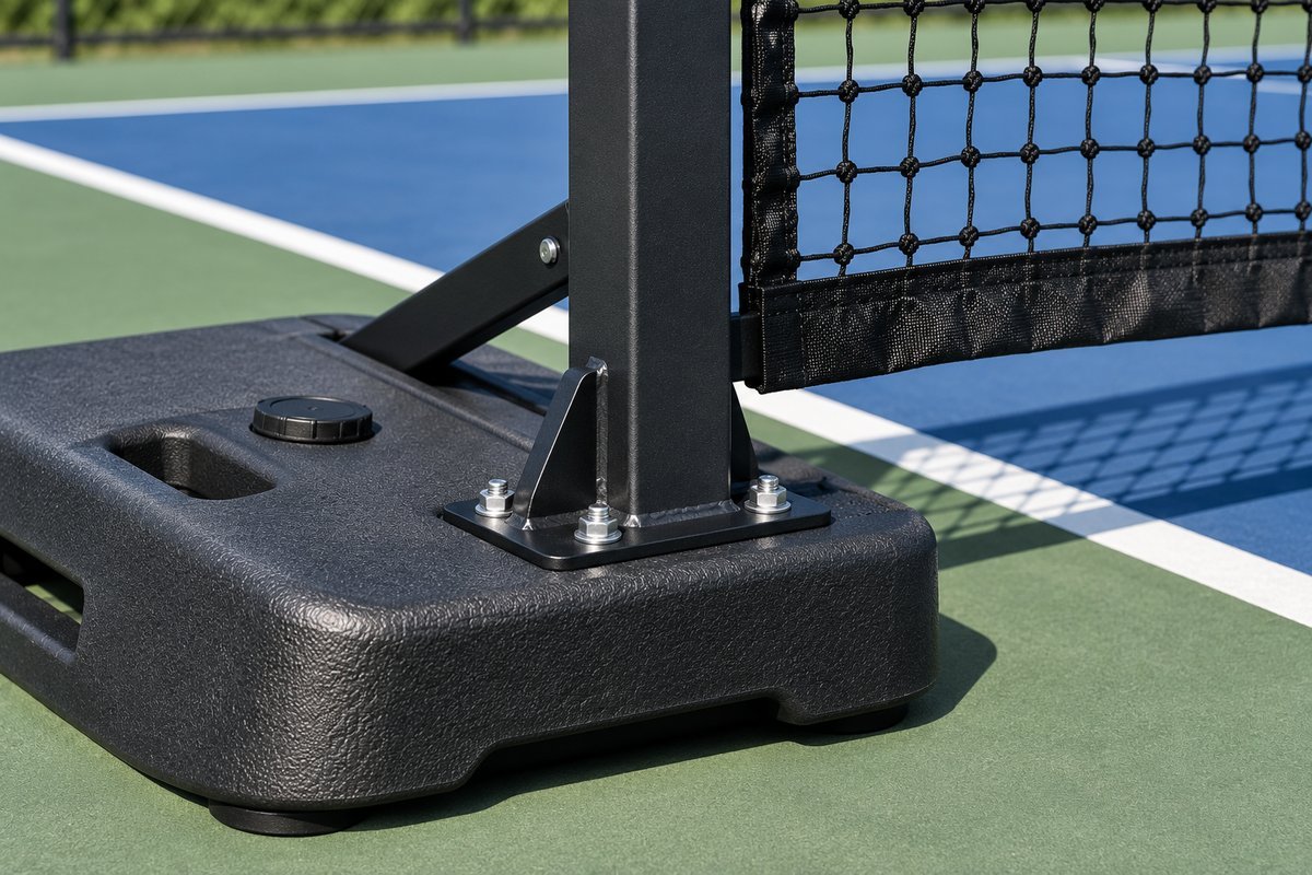 Close-up of a portable pickleball net pole socketed into its weighted base
