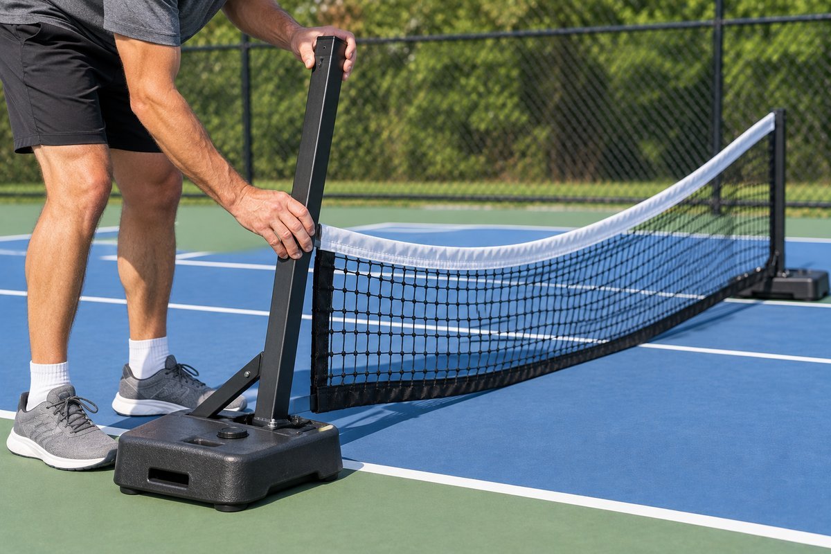 Hands setting up a portable pickleball net on a driveway court