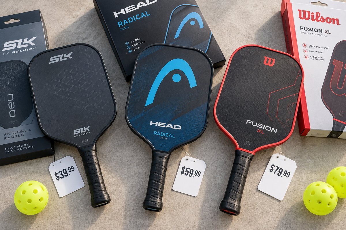 Selkirk SLK, HEAD Radical Tour, and Wilson Fusion XL pickleball paddles at three budget price tiers