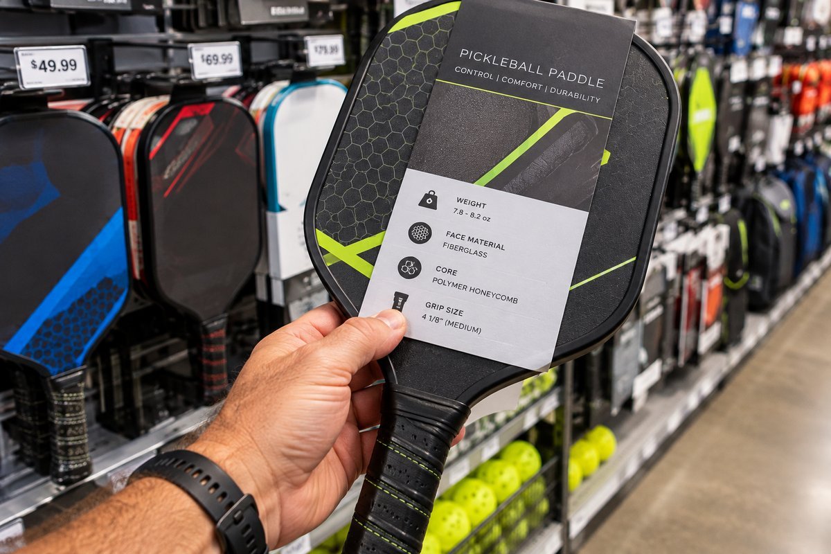 Hand reading a budget pickleball paddle spec sticker listing weight, face material, and core in a retail aisle