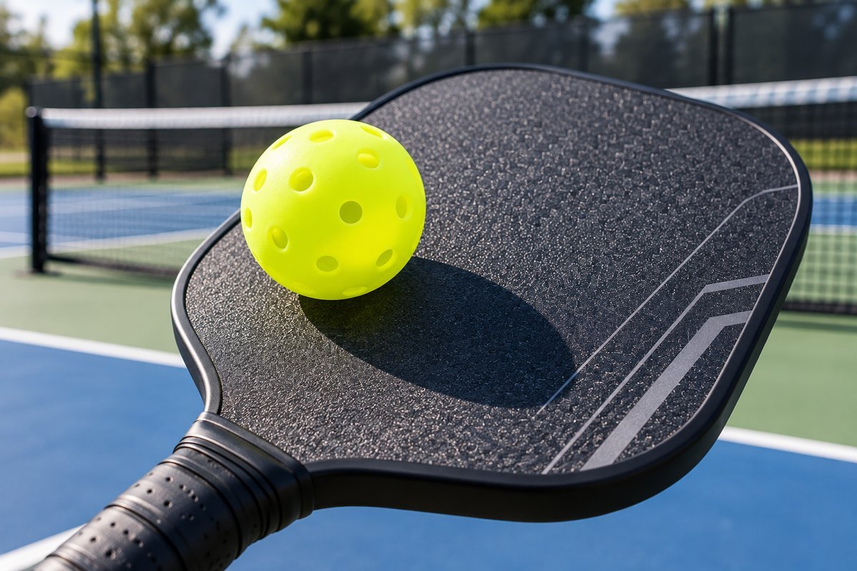 Pickleball ball resting on the best pickleball paddles for spin and control face texture