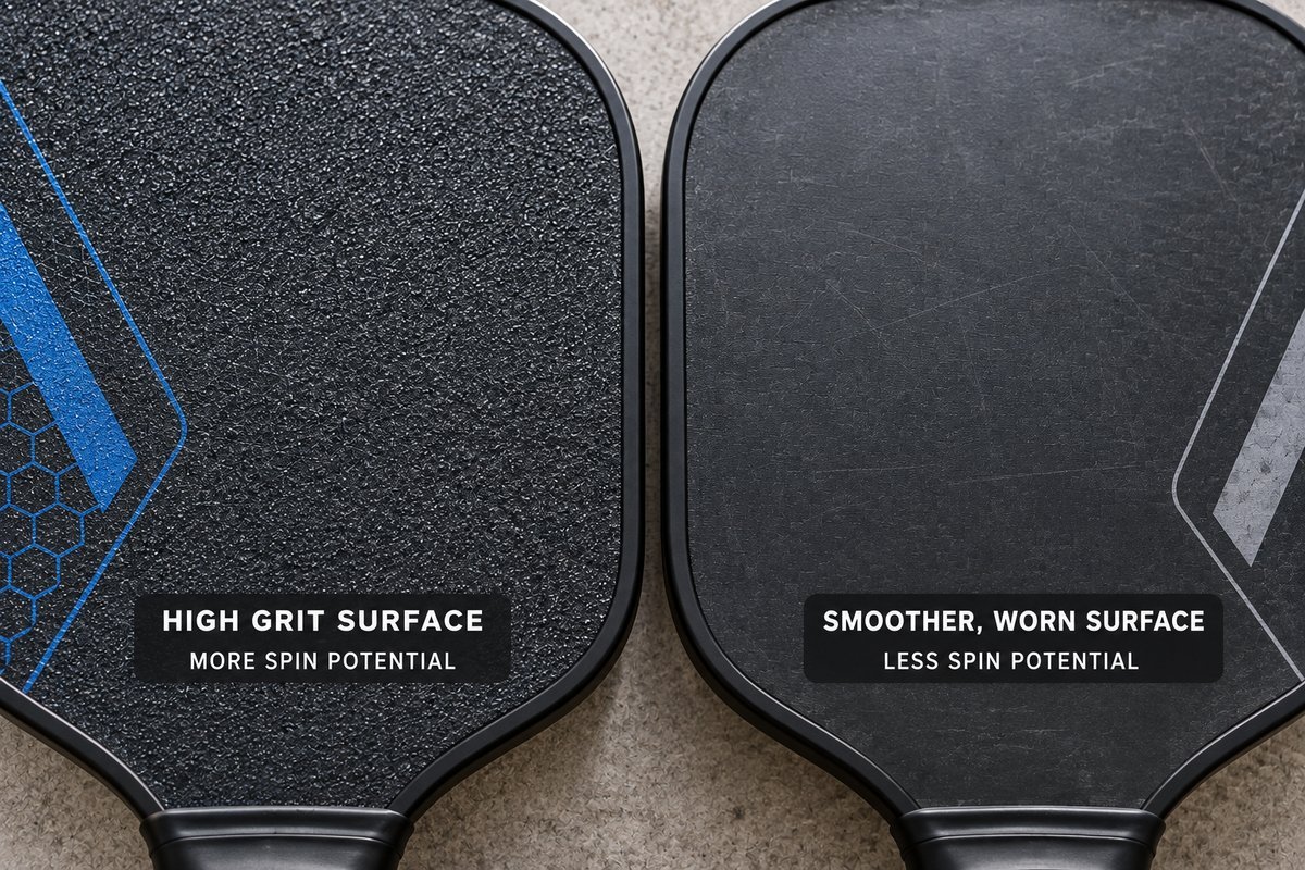 High grit versus smoother worn paddle surface comparison for pickleball spin potential