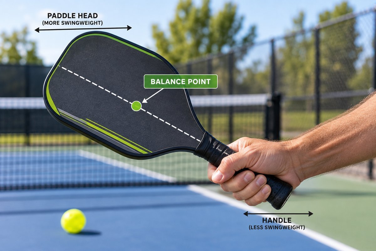 Hand holding a pickleball paddle showing paddle head swingweight and balance point