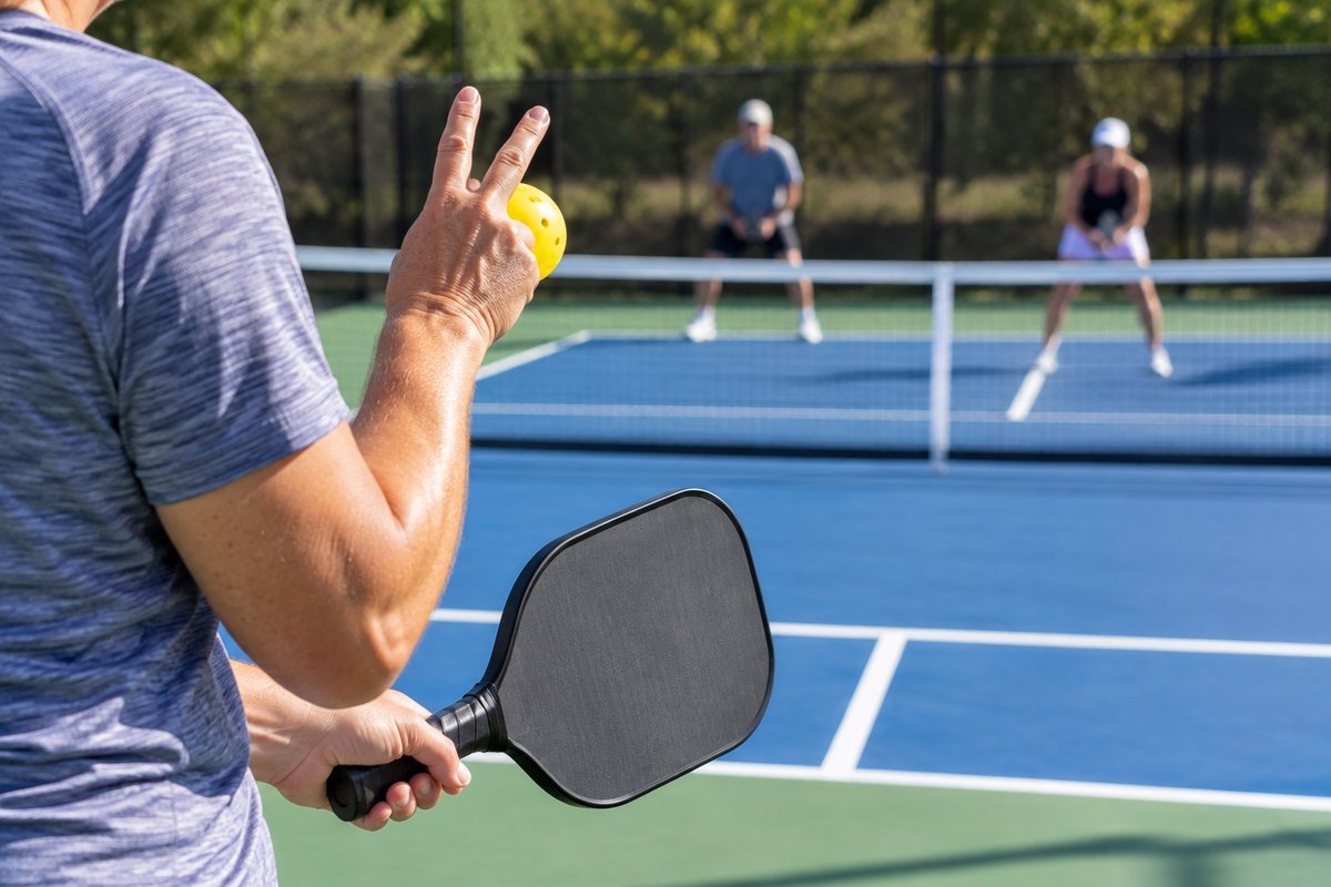 Pickleball player holding up fingers to call the score before serving