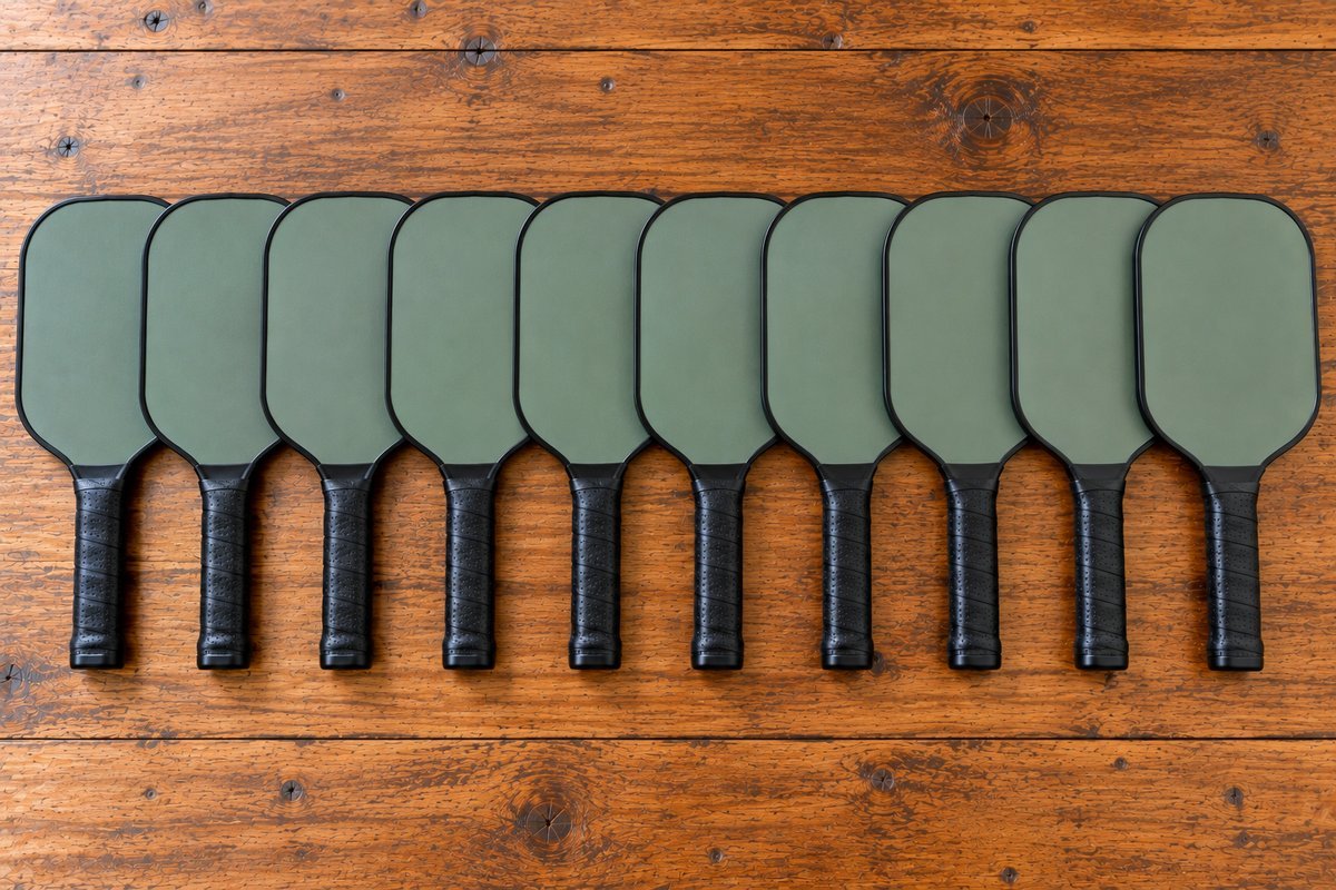 Row of matching custom pickleball paddles made for a team order